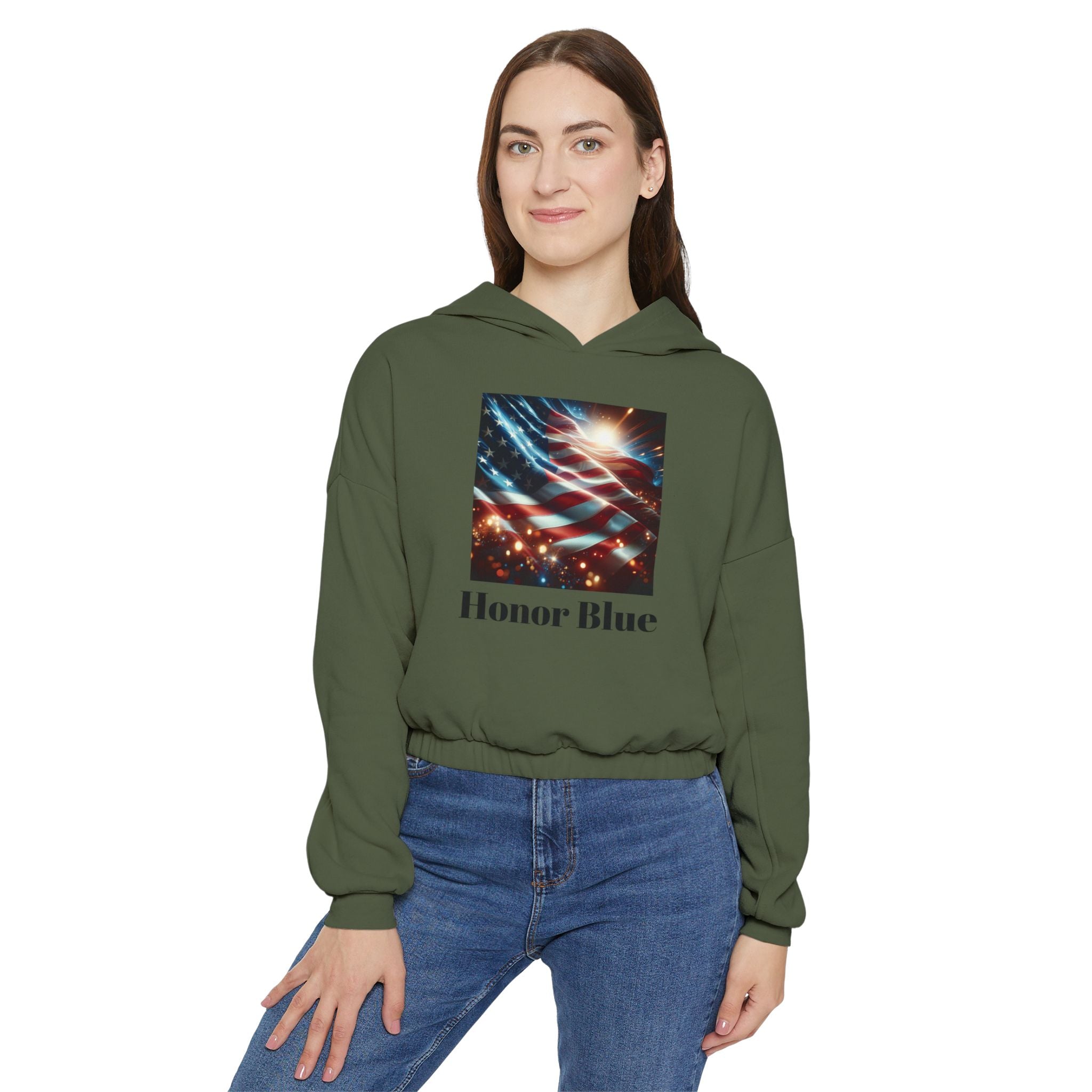 Patriotic Women&#039;s Cinched Bottom Hoodie - Cozy American Flag Design