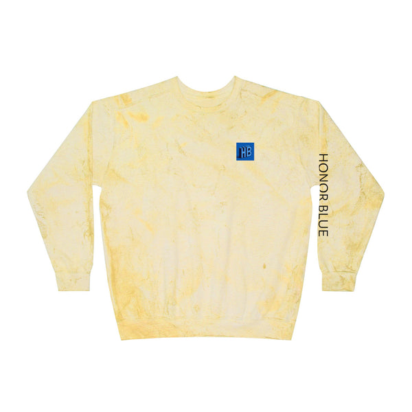 Unisex Color Blast Crewneck Sweatshirt - Vibrant Yellow with Honor Blue Design