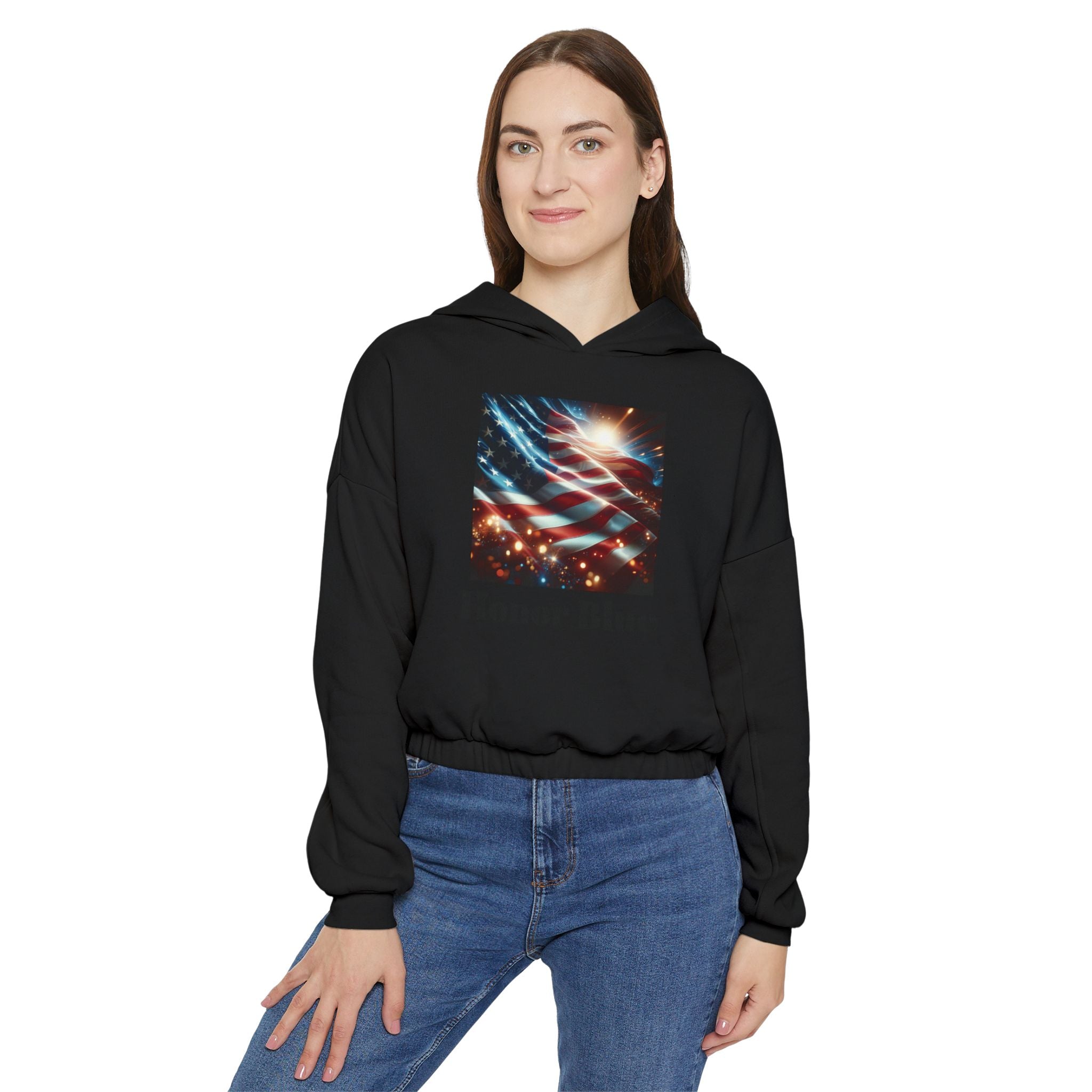 Patriotic Women&#039;s Cinched Bottom Hoodie - Cozy American Flag Design